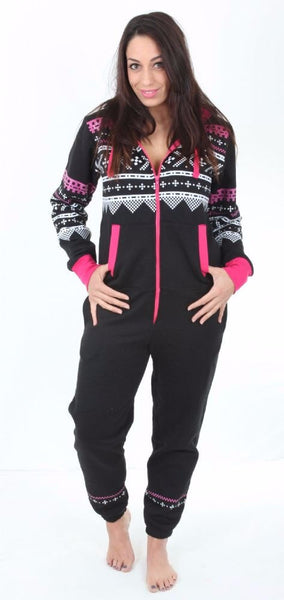 Women's Black & Pink Aztec Tracksuit Onesie (Limited Edition) - Onesie Warehouse