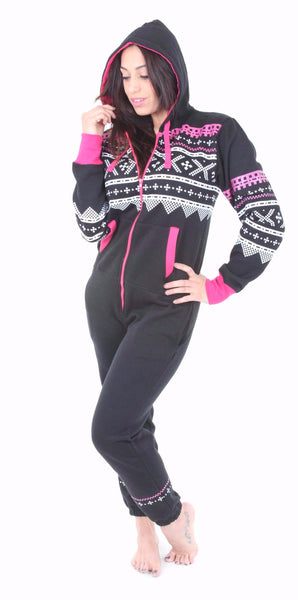Women's Black & Pink Aztec Tracksuit Onesie (Limited Edition) - Onesie Warehouse