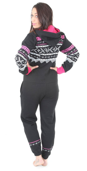 Women's Black & Pink Aztec Tracksuit Onesie (Limited Edition) - Onesie Warehouse